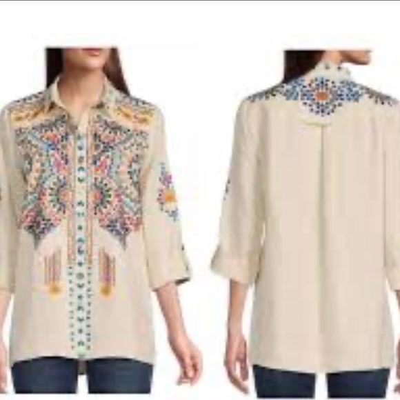 mark. Tops - John Mark Beige Tunic Linen with Vibrant Embroidery Size Large